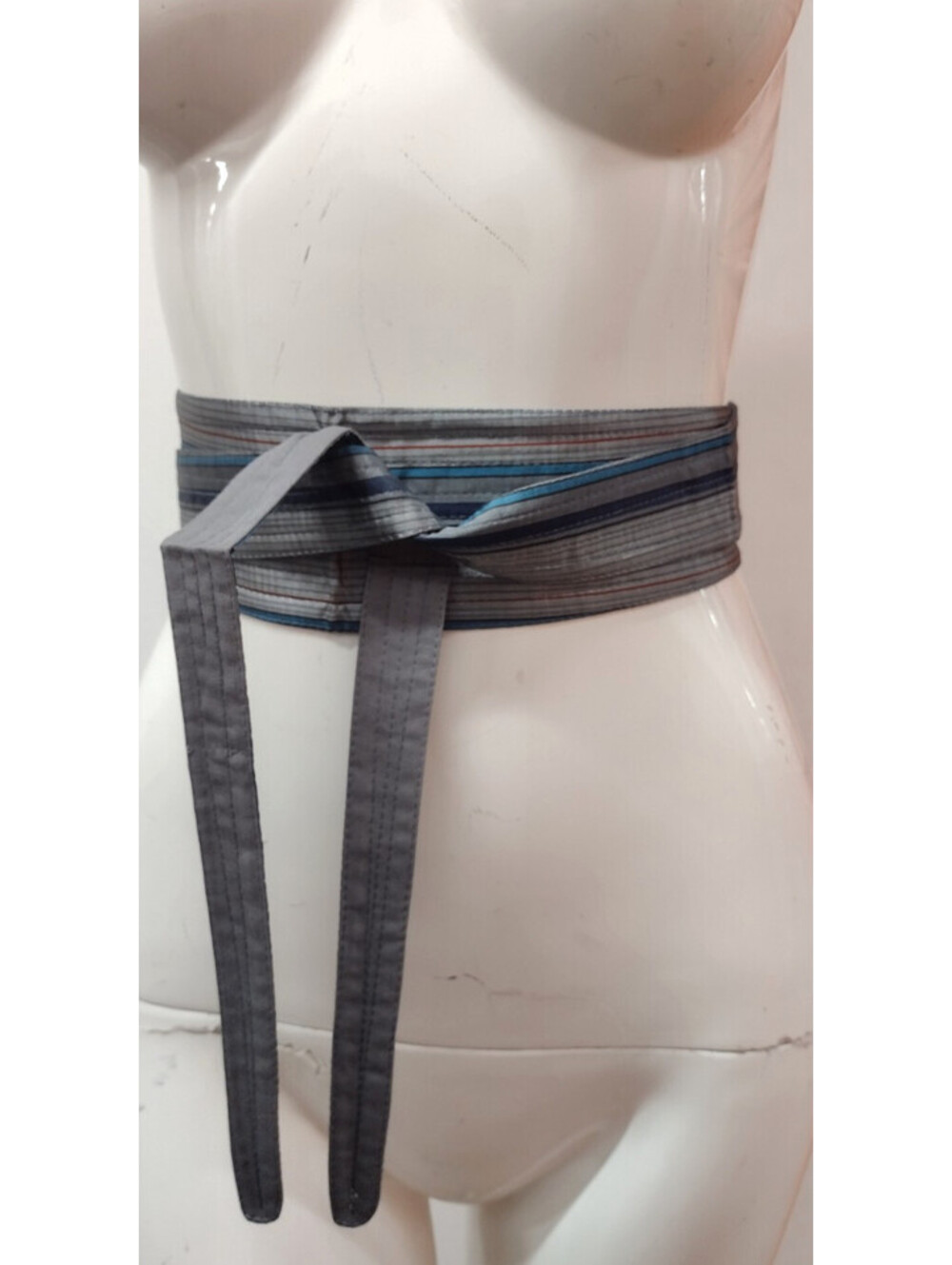 Vintage Silk Sash Belt Dark Gray Striped Blue Boho OBI WRAP KIMONO Made in India